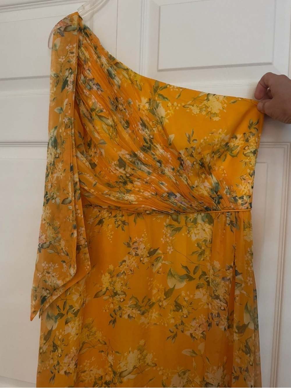 Mac Duggal Yellow Floral One-Shoulder Chiffon Gown